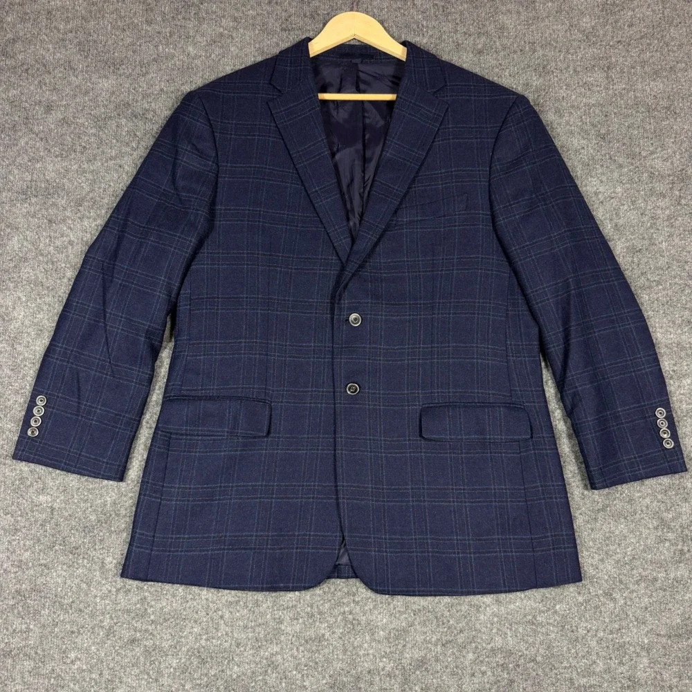 Jos A Bank 1905 Plaid Blazer Mens 43R Navy Blue Wool Blend Brrr Comfort EUC